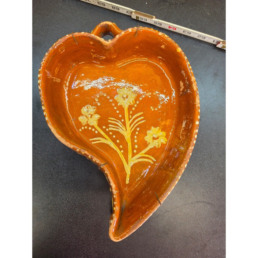 Vintage Mexican Folk Art Terracotta Heart Shaped Floral Pottery Bowl Wall Decor